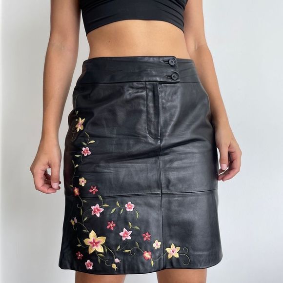 Vintage Dresses & Skirts - Vintage black genuine leather floral embroidered mini skirt